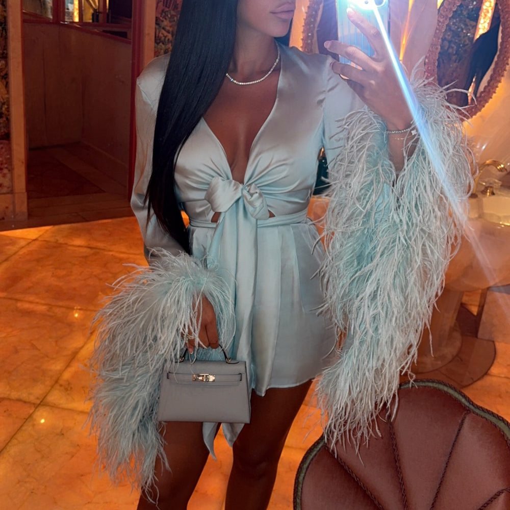 
                  
                    Carerra Satin Feather Playsuit
                  
                